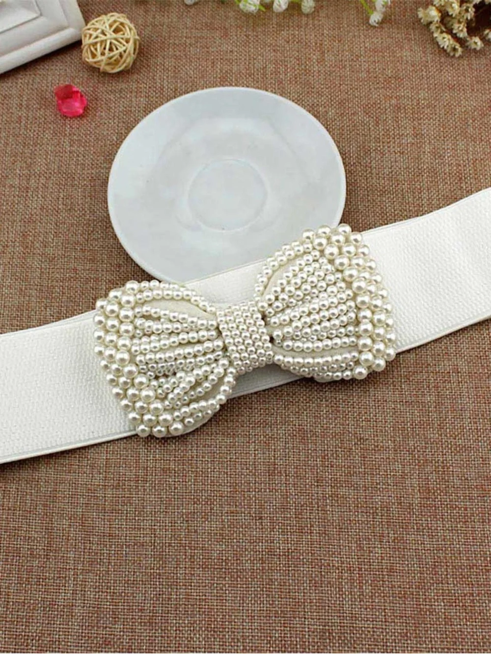Pearl Bow Elastic Waist Belt - Cream